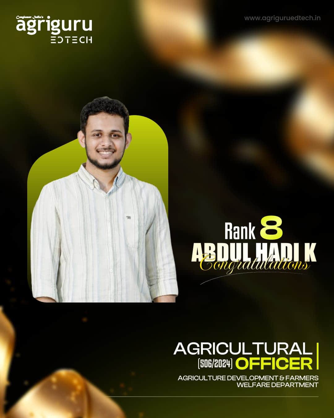 Abdul Hadi K, Rank 8 in Agricultural Officer 2024