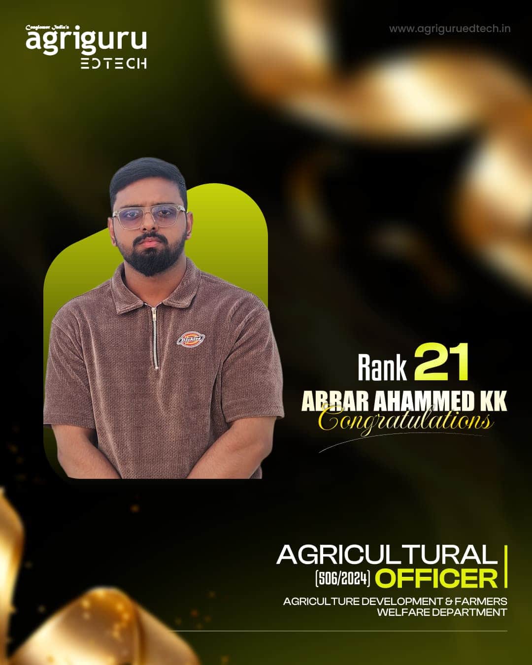 Abrar Ahammed KK, Rank 21 in Agricultural Officer 2024