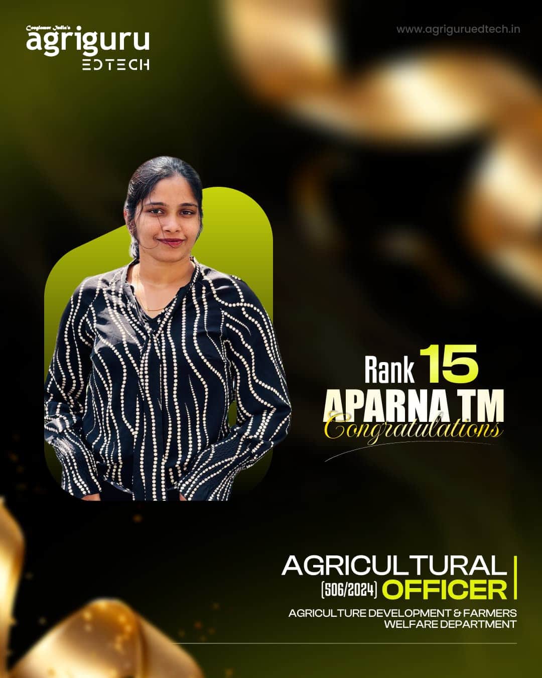 Aparna TM, Rank 15 in Agricultural Officer 2024