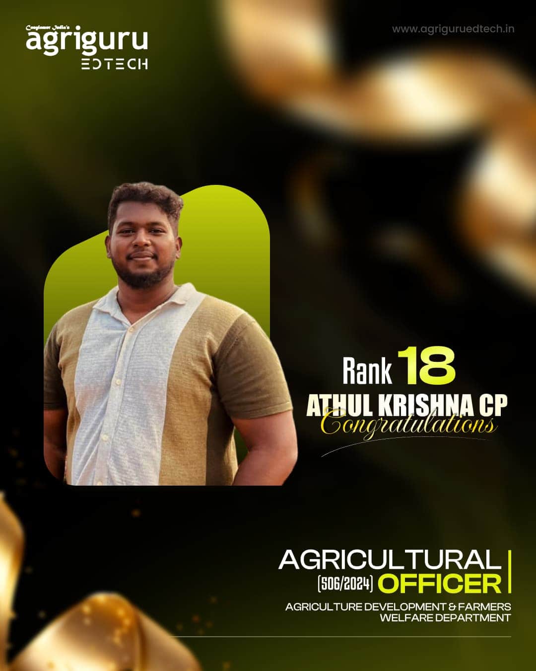 Athul Krishna CP, Rank 18 in Agricultural Officer 2024