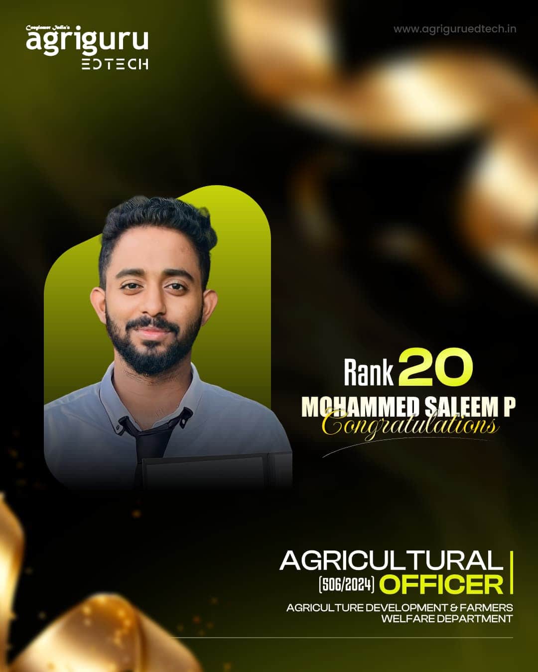 Mohammed Saleem P, Rank 20 in Agricultural Officer 2024