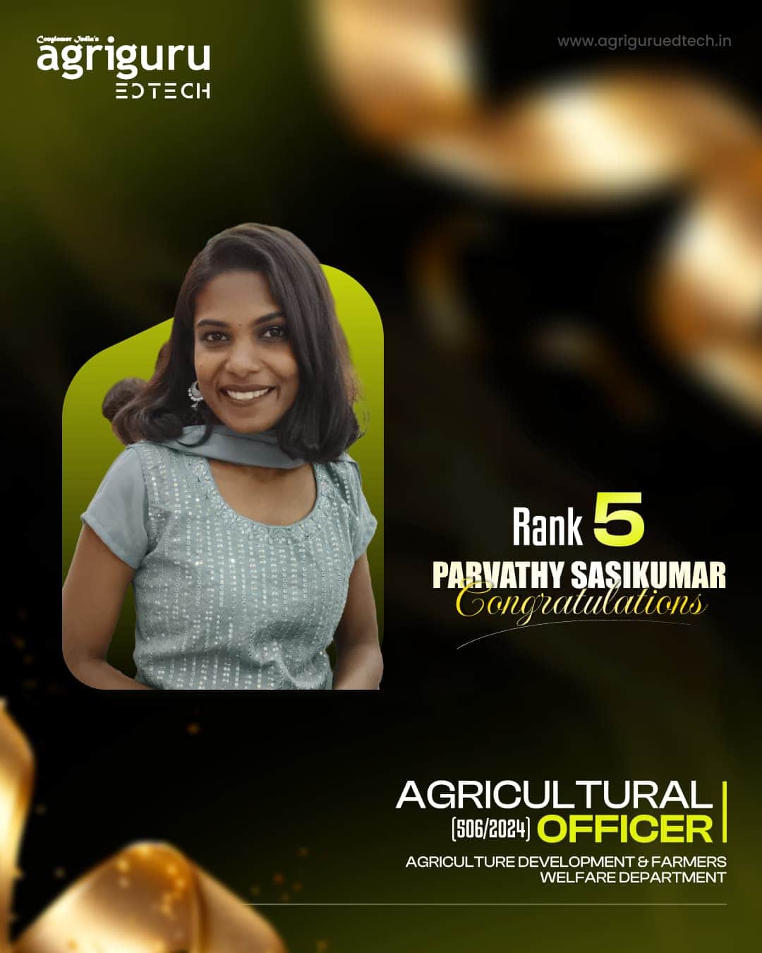 Parvathy Sasikumar, Rank 5 in Agricultural Officer 2024