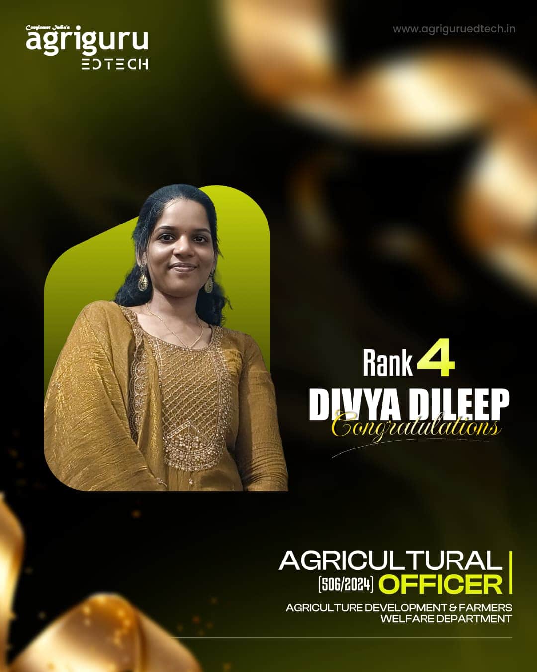 Divya Dileep, Rank 4 in Agricultural Officer 2024