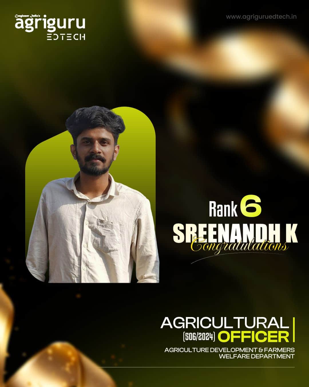 Sreenandh K, Rank 6 in Agricultural Officer 2024