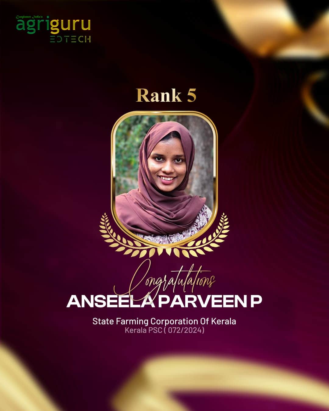 Anseela Parveen P, Rank 5 in State Farming Corp. 2024