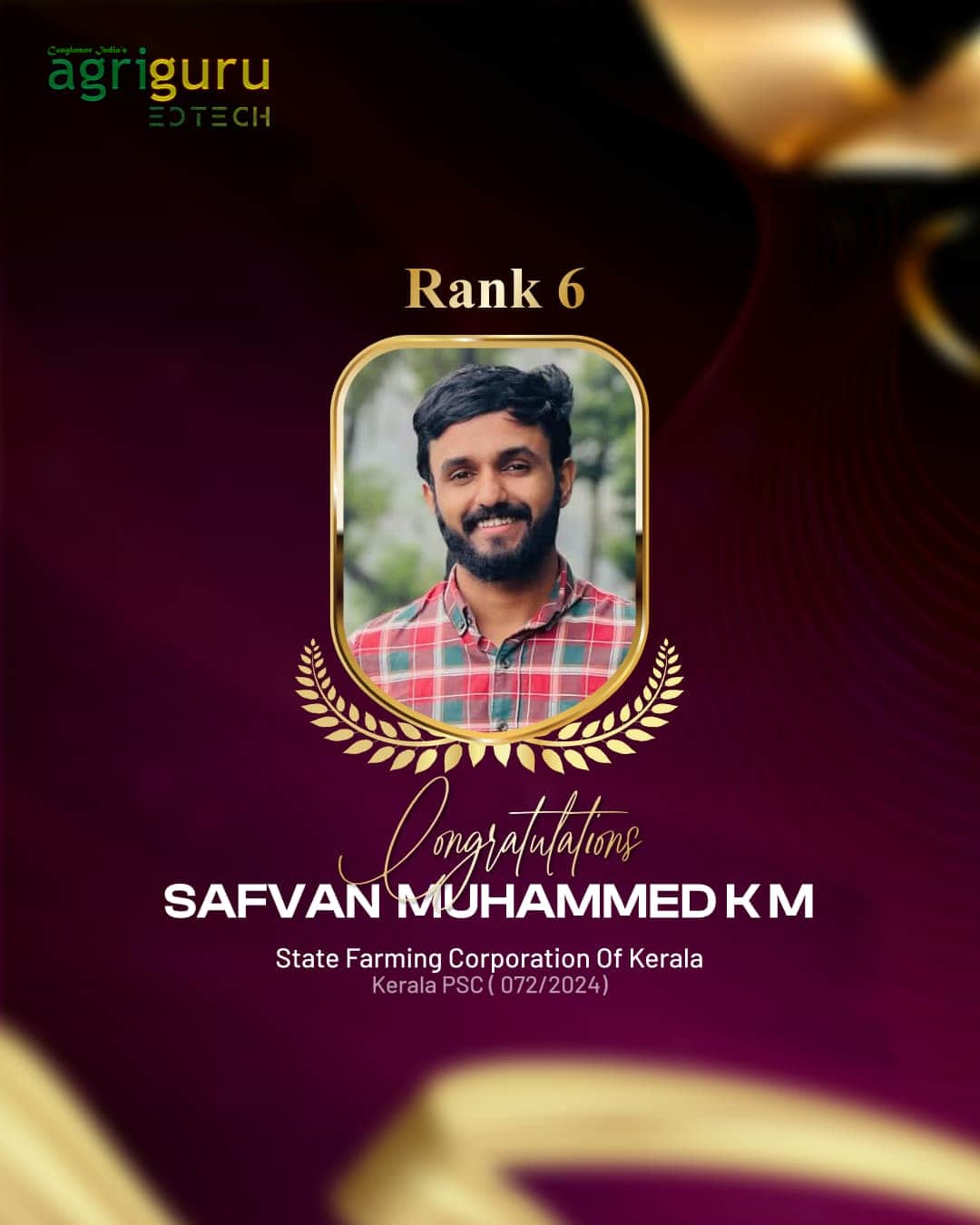 Safvan Muhammed K M, Rank 6 in State Farming Corp. 2024