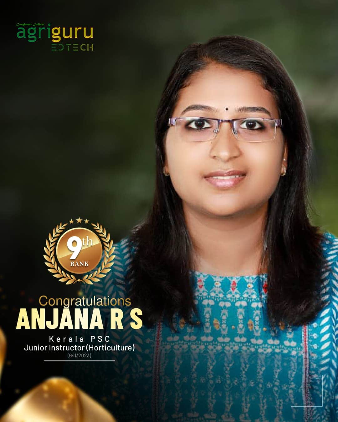 Anjana R S, Rank 9 in Jr. Instructor (Hort.) 2023