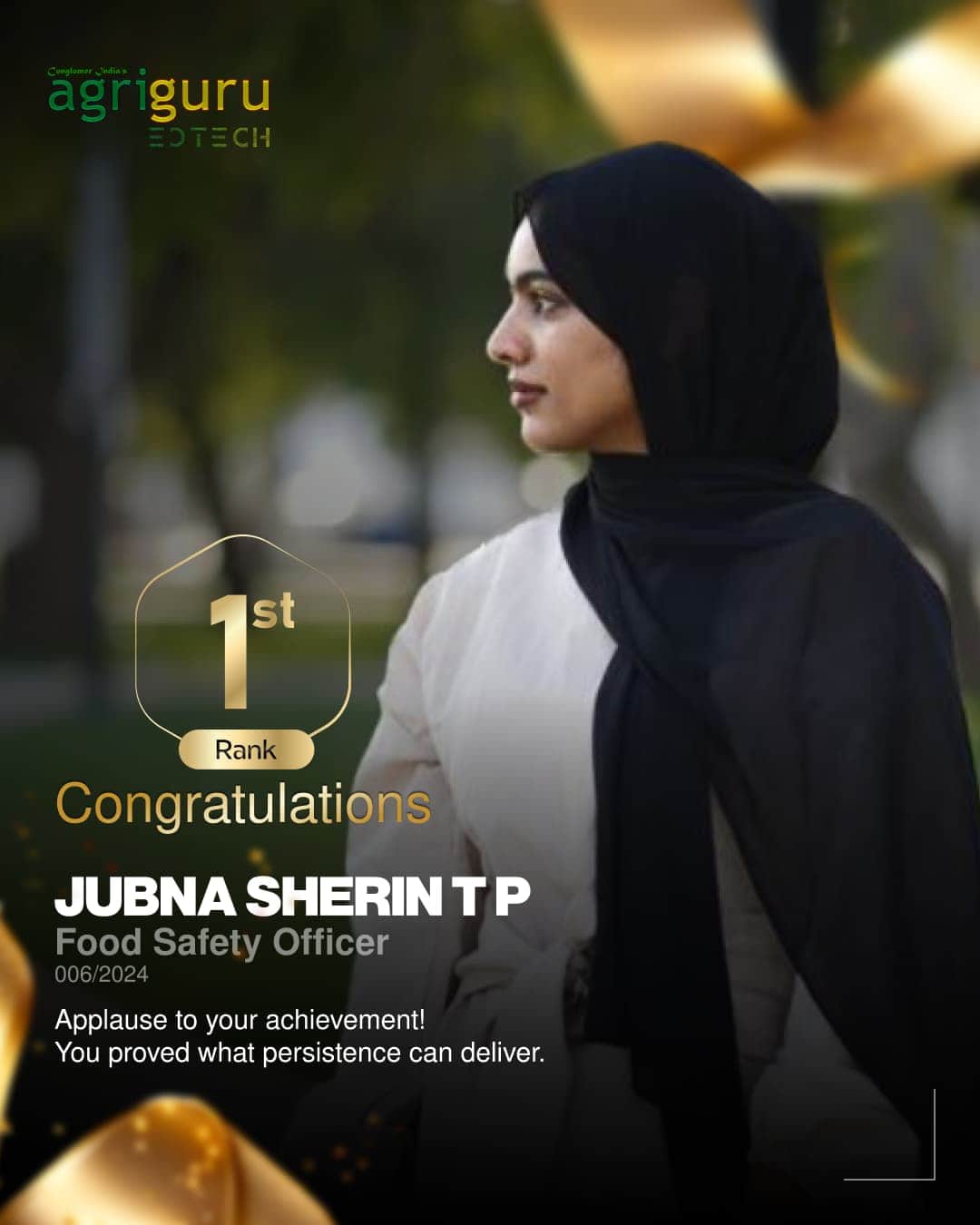 Jubna Sherin T P, Rank 1 in Food Safety Officer 2024