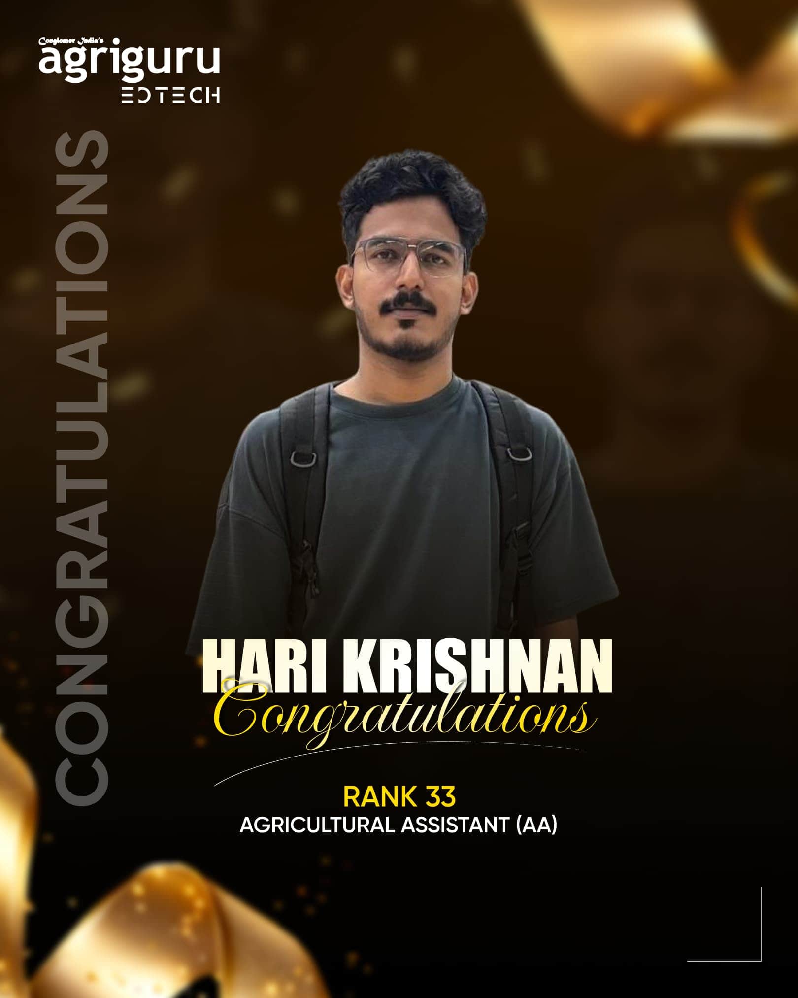 Hari Krishnan, Rank 33 in Agricultural Assistant