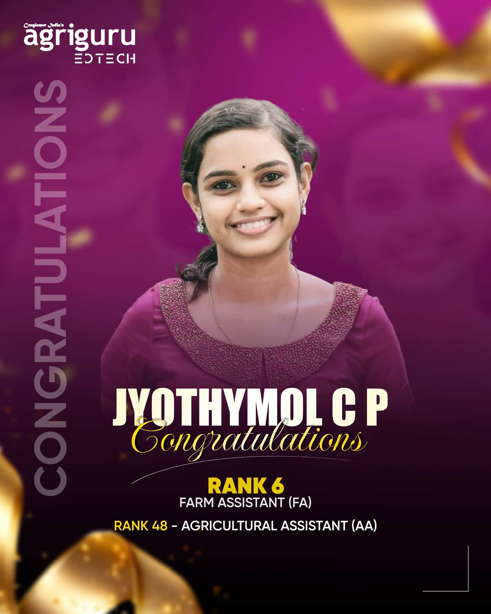 Jyothymol C P, Rank 6 in Farm Assistant
