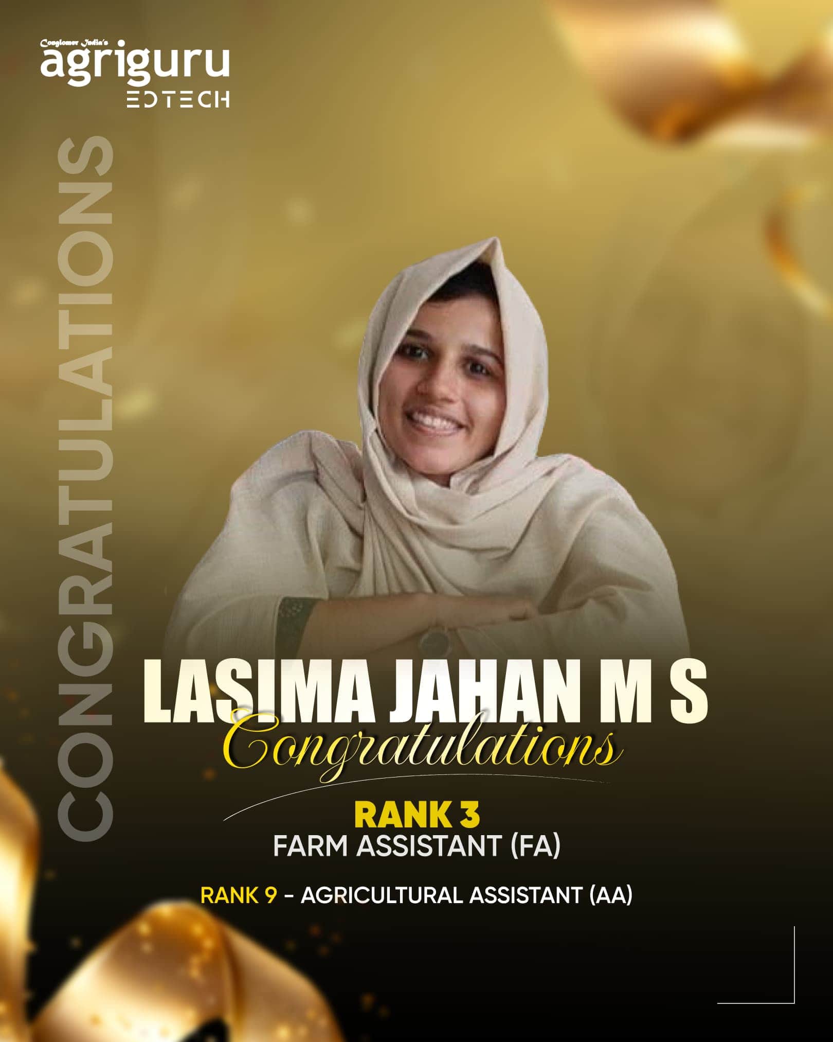 Lasima Jahan M S, Rank 3 in Farm Assistant