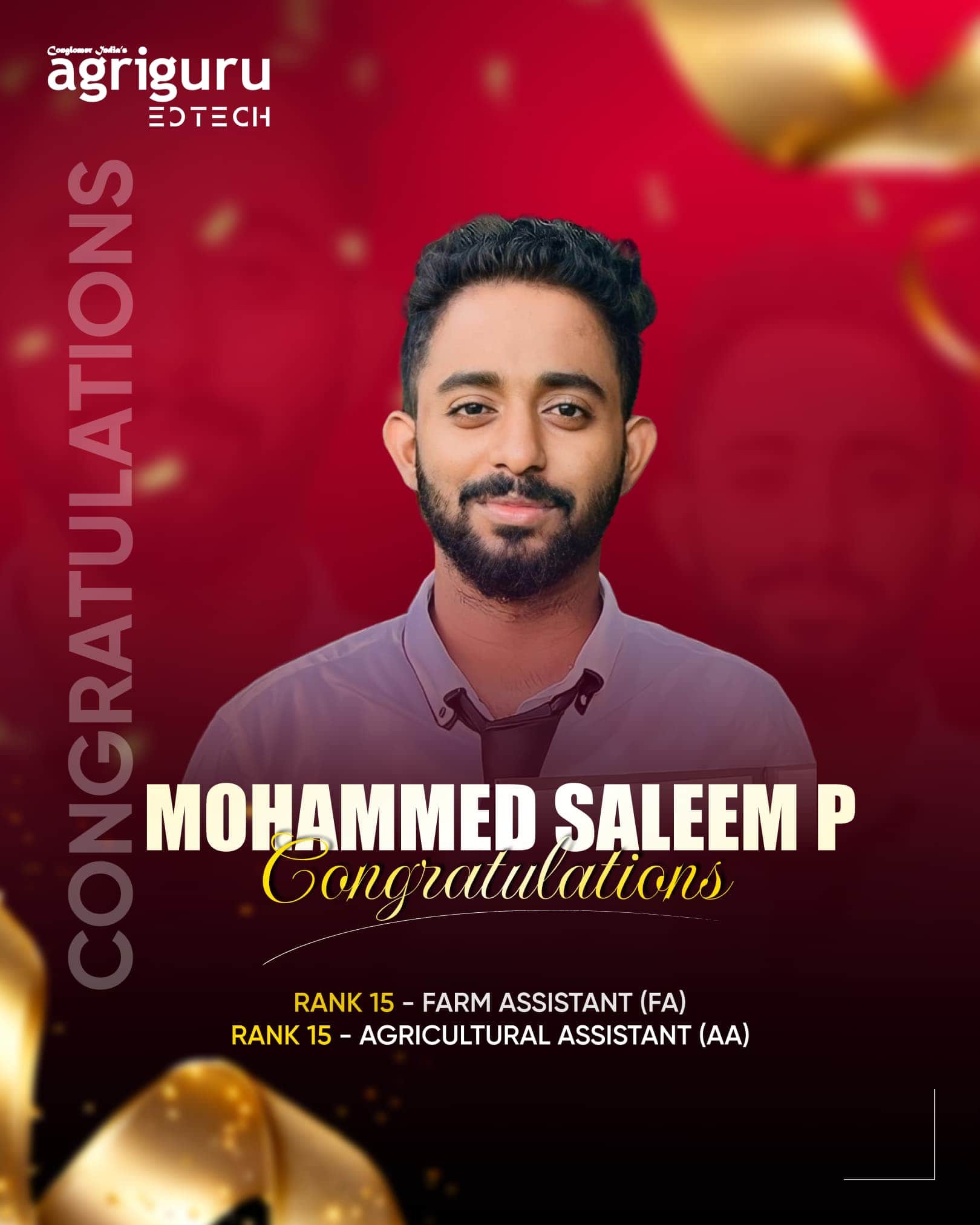 Mohammed Saleem P, Rank 15 in Farm Assistant