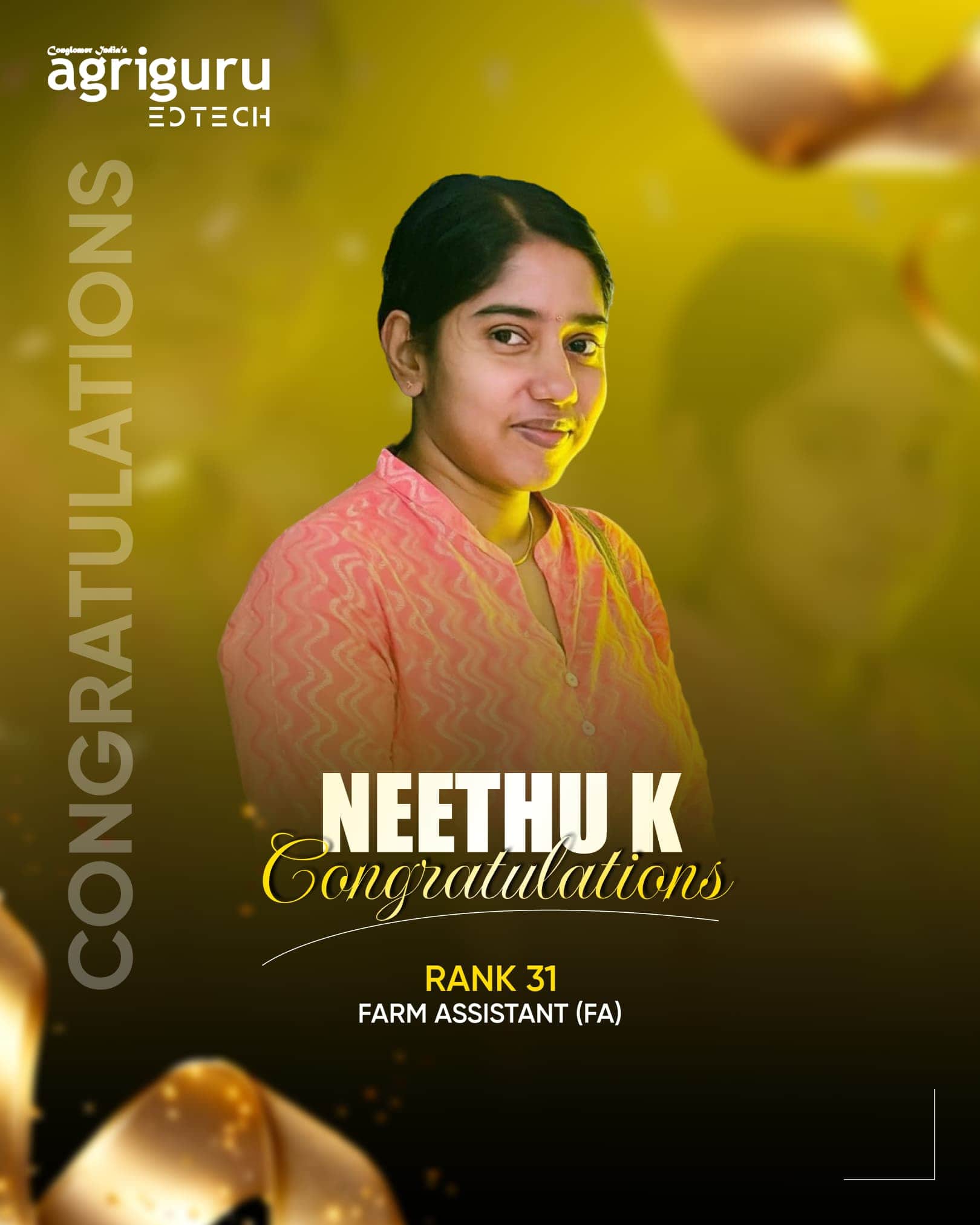Neethu K, Rank 31 in Farm Assistant