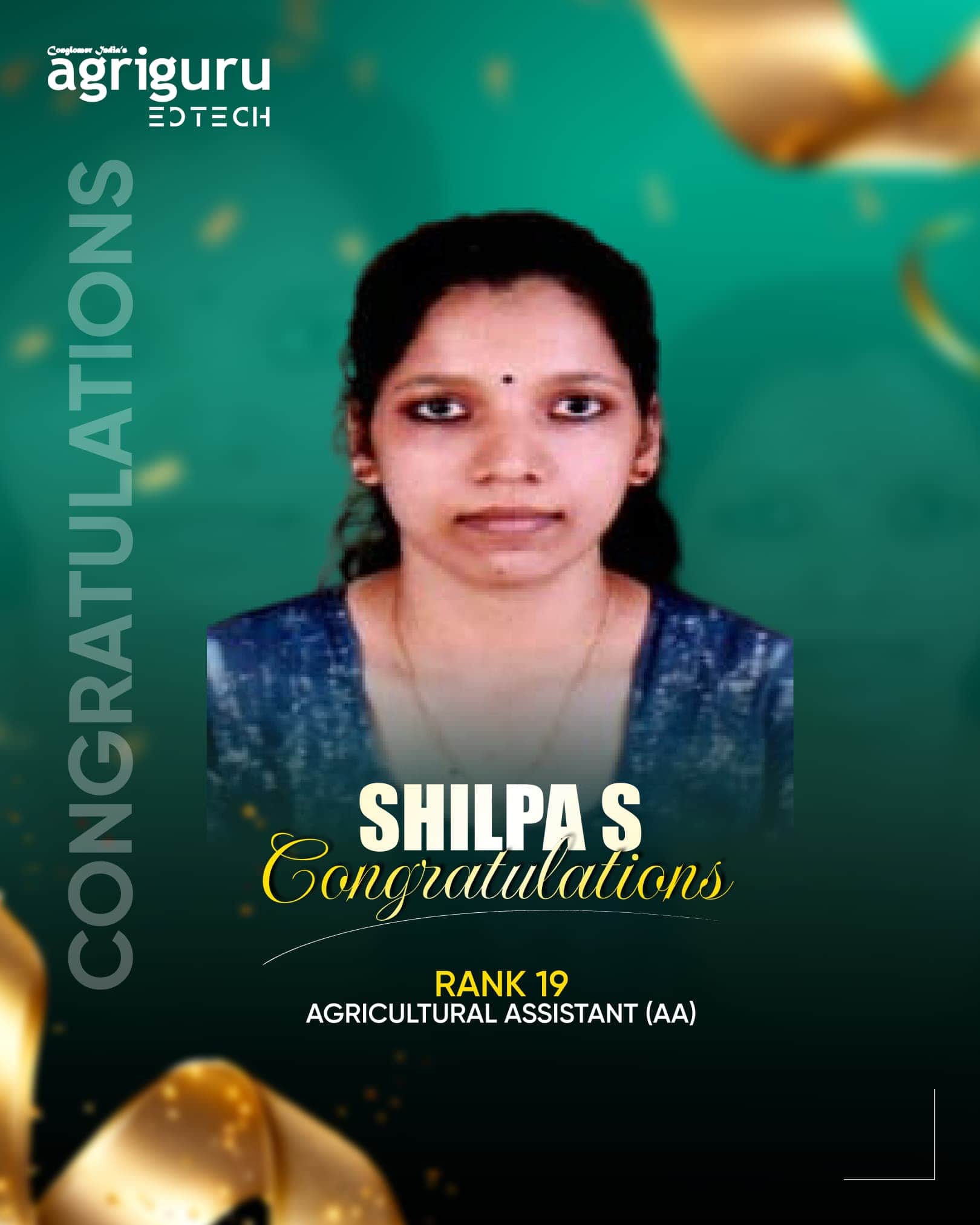 Shilpa S, Rank 19 in Agricultural Assistant