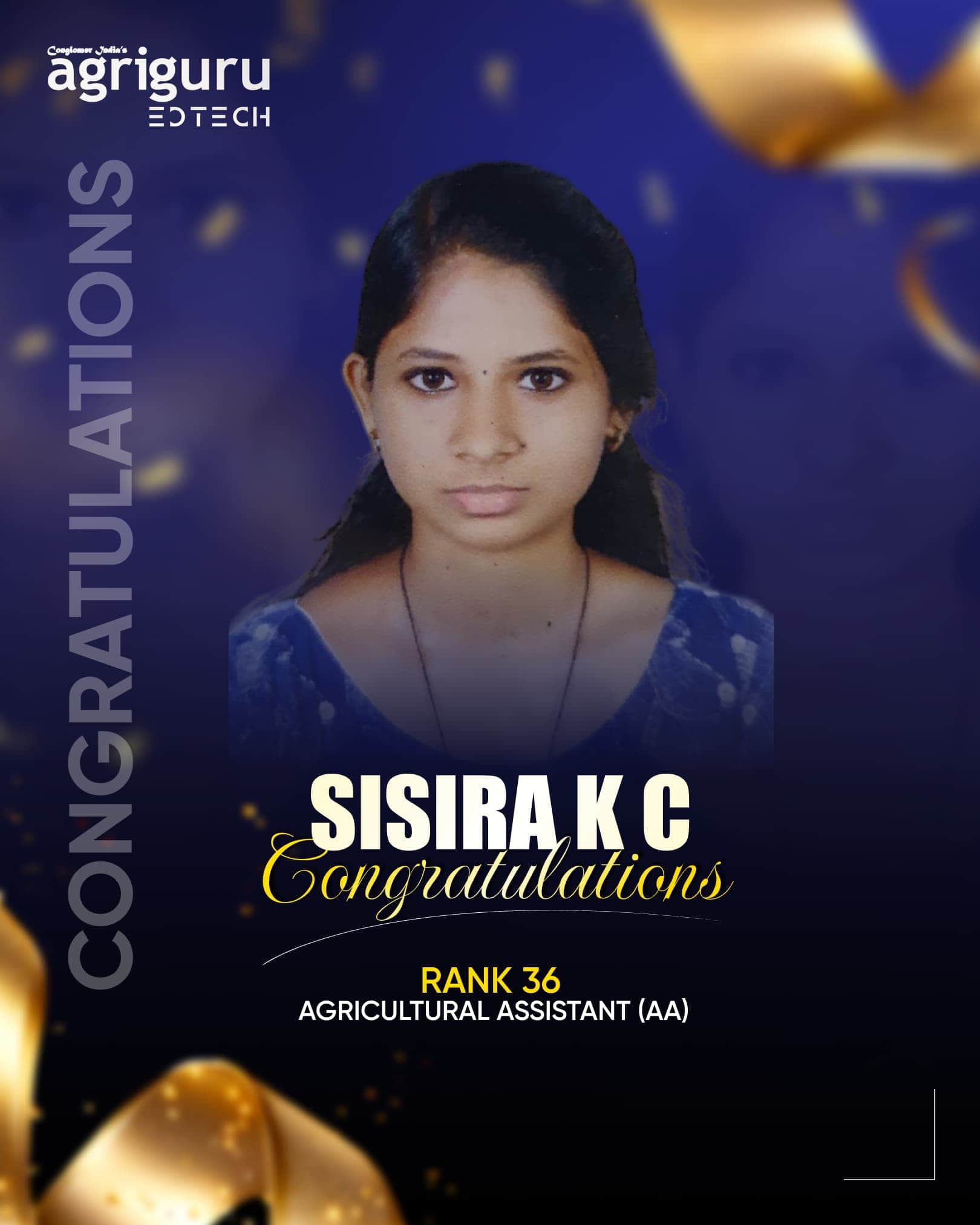 Sisira K C, Rank 36 in Agricultural Assistant