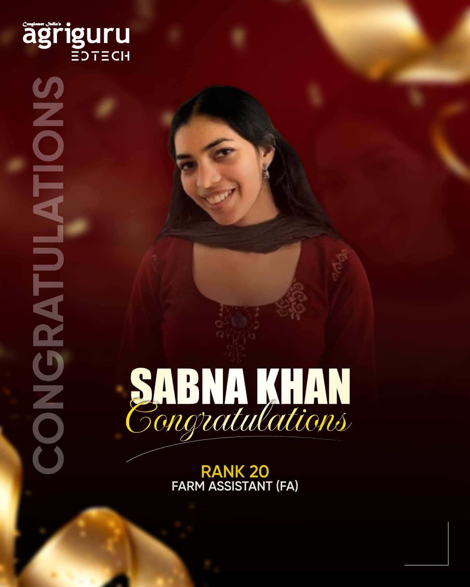 Sabna Khan, Rank 20 in Farm Assistant