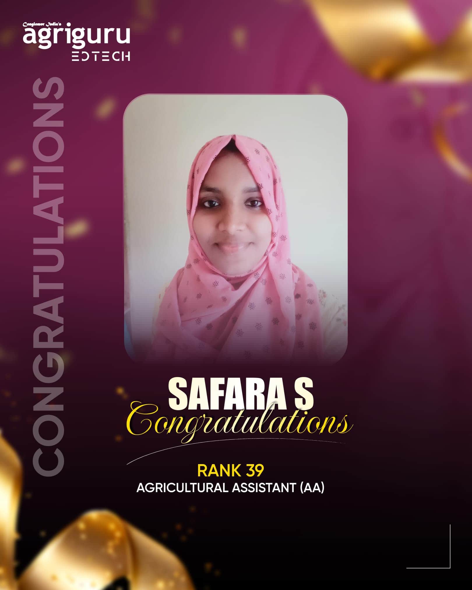 Safara S, Rank 39 in Agricultural Assistant