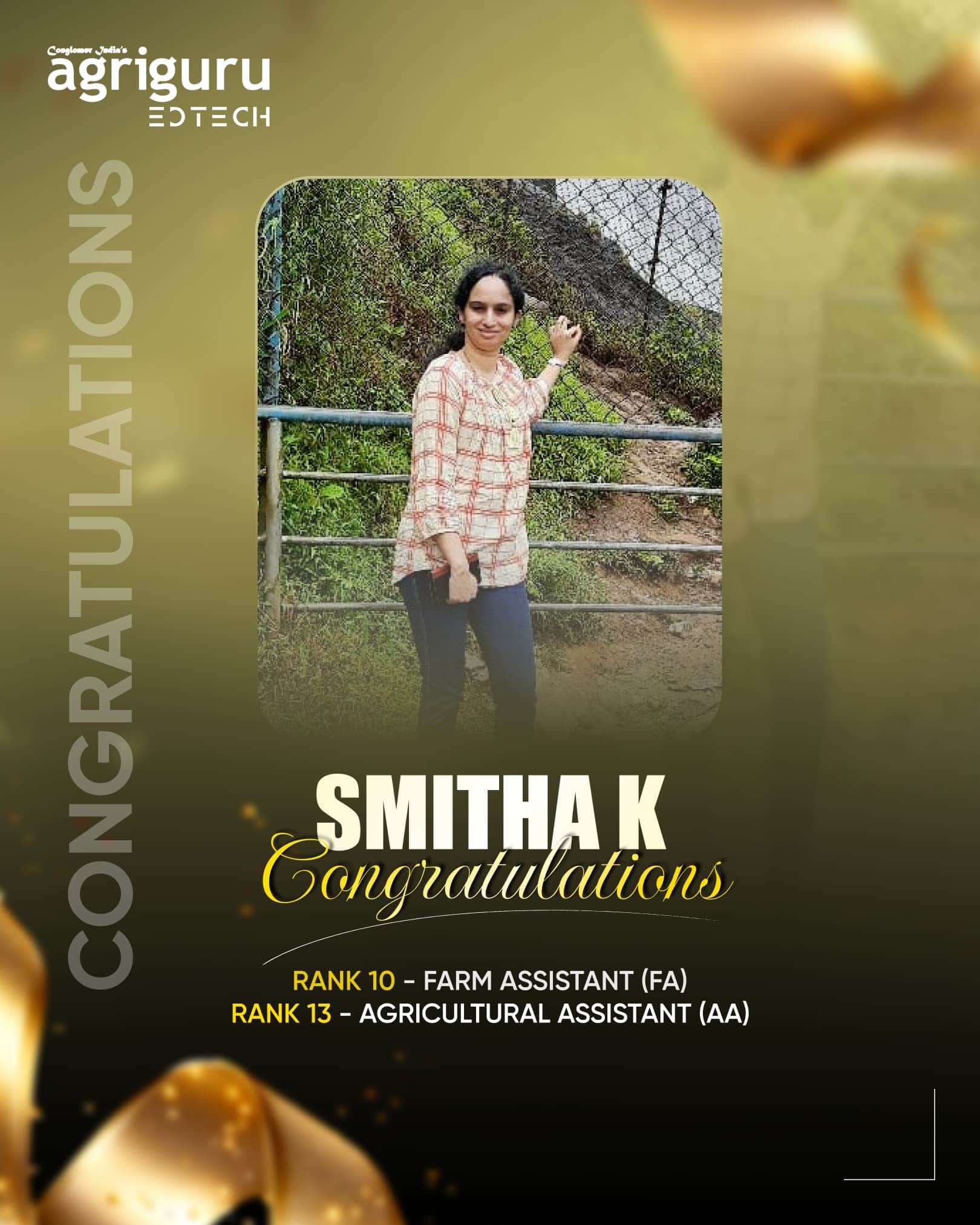 Smitha K, Rank 10 in Farm Assistant