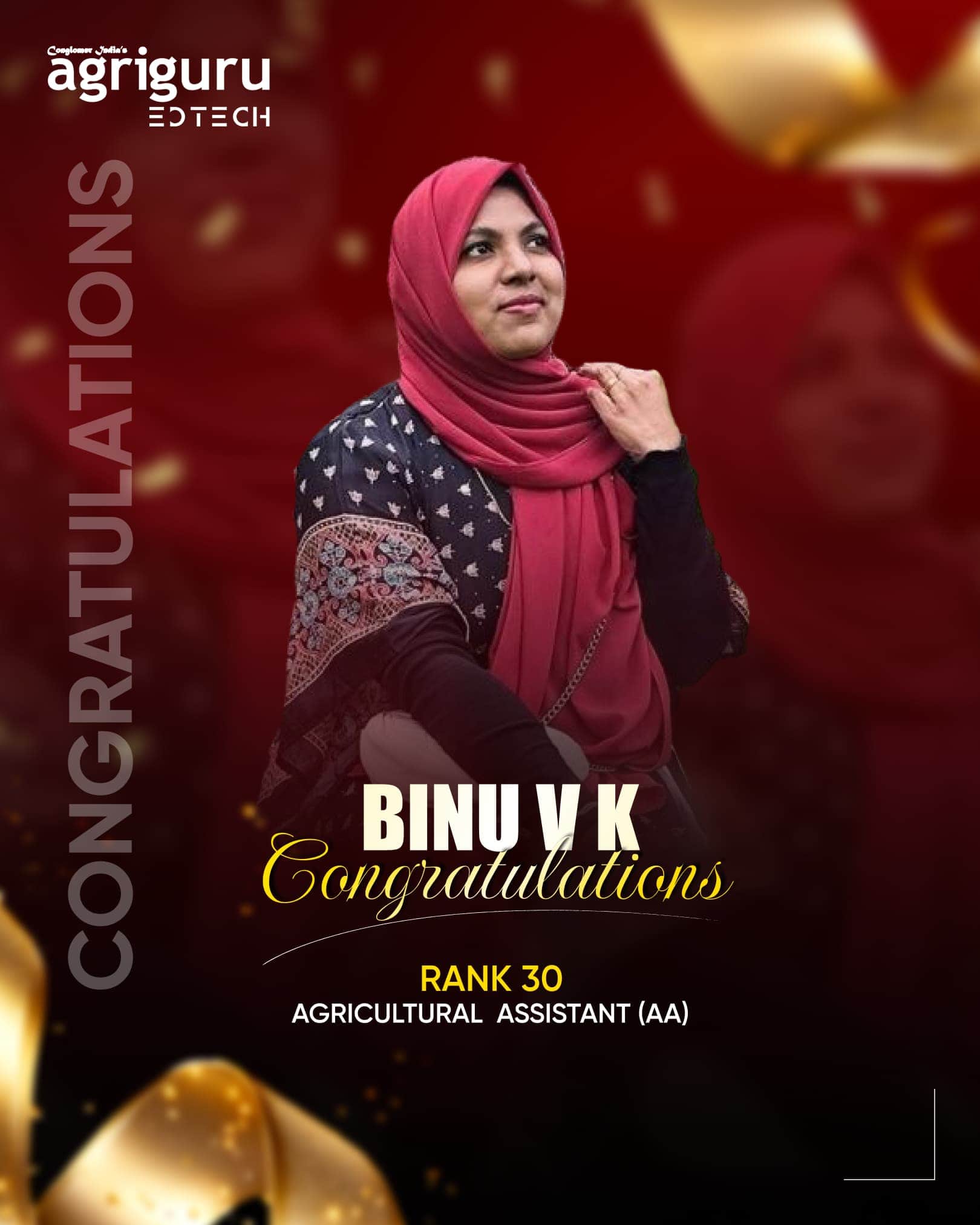 Binu V K, Rank 30 in Agricultural Assistant