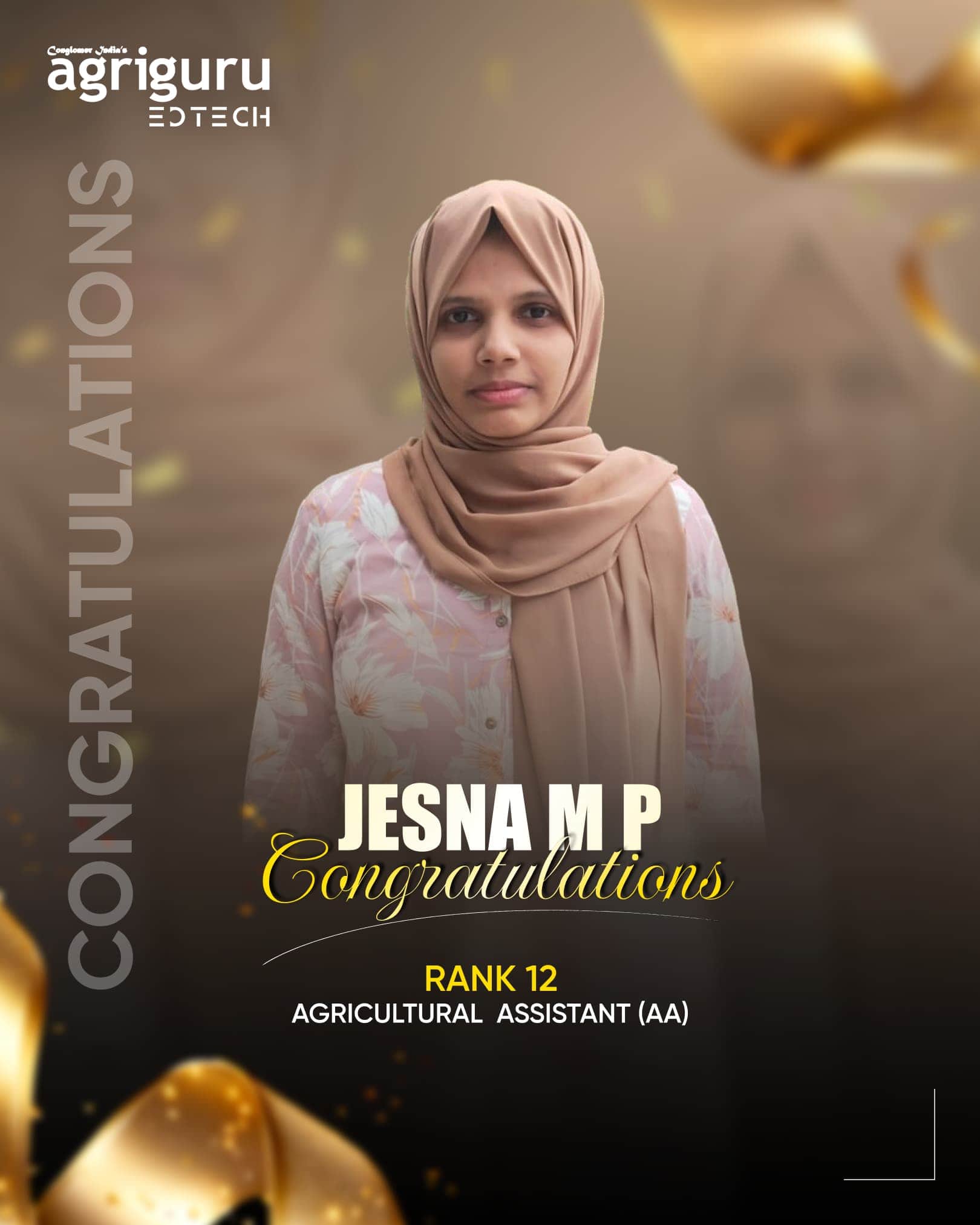 Jesna M P, Rank 12 in Agricultural Assistant