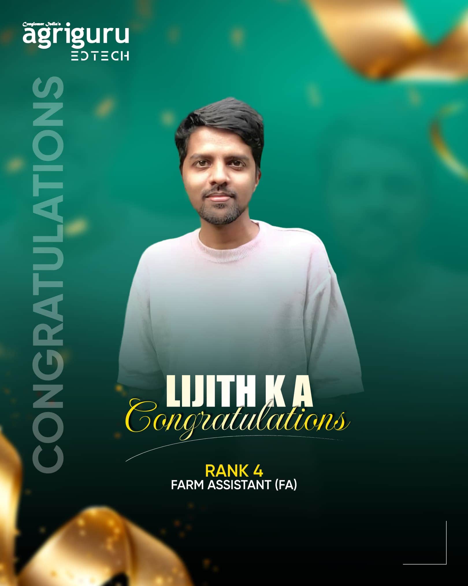 Lijith K A, Rank 4 in Farm Assistant