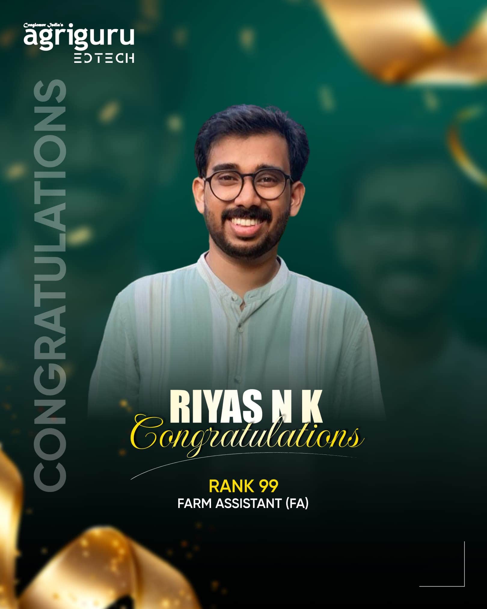 Riyas N K, Rank 99 in Farm Assistant