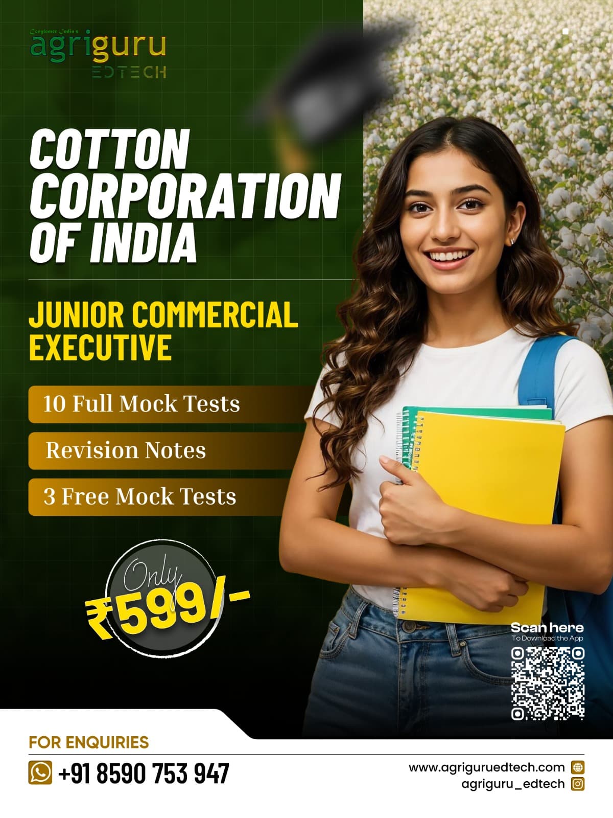 Cotton Corporation of India Junior Commercial Executive mock test batch by Agriguru EdTech - 10 full mock tests, revision notes and 3 free mock tests for only ₹599