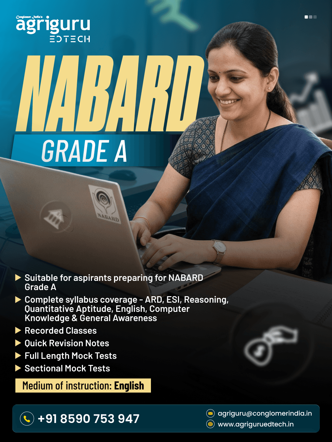 NABARD Grade A 2026-27 live batch by Agriguru EdTech - live classes, recorded library, evaluated descriptive writing and mock tests, taught in English